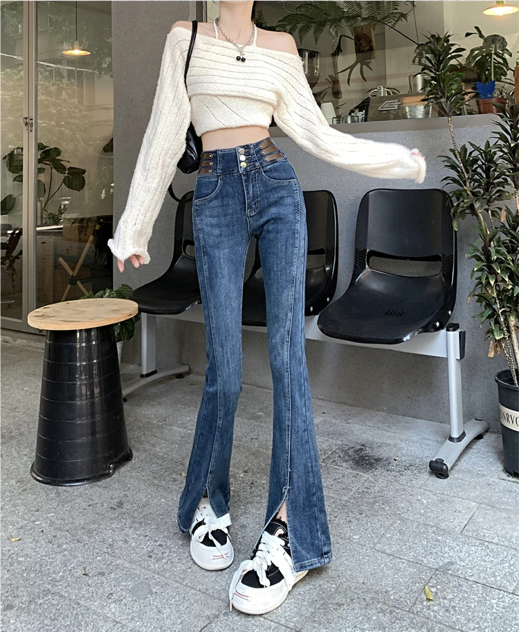7768 牛仔裤女秋季新款韩版时尚洋气开又微喇裤百搭显瘦喇叭裤