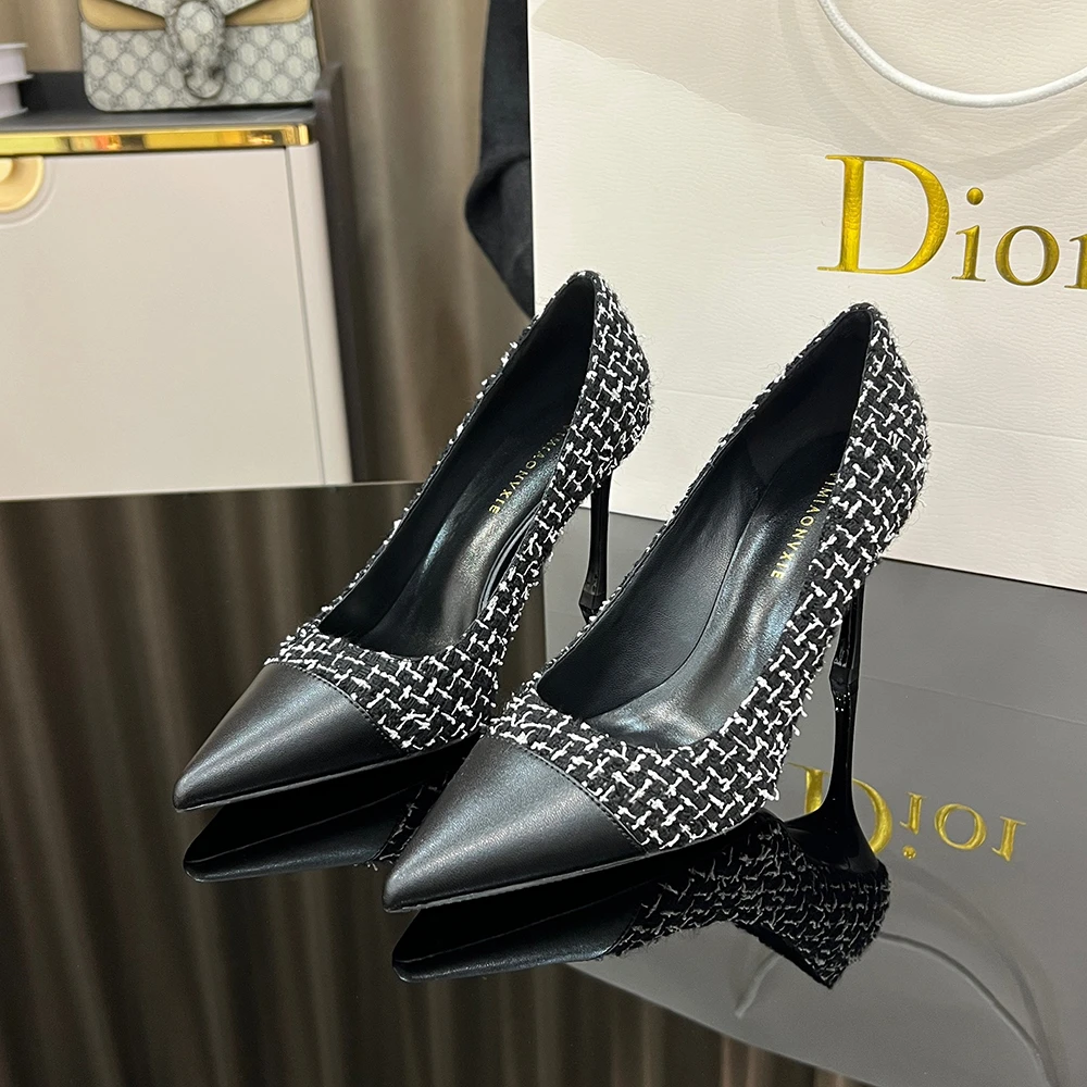 【甘师傅匠心之作】2025年新款小香风名媛气质真皮高跟鞋女黑色细跟