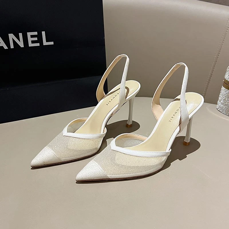 【甘师傅匠心之作】真皮高跟鞋女黑色细跟后空不累脚包头网纱凉鞋