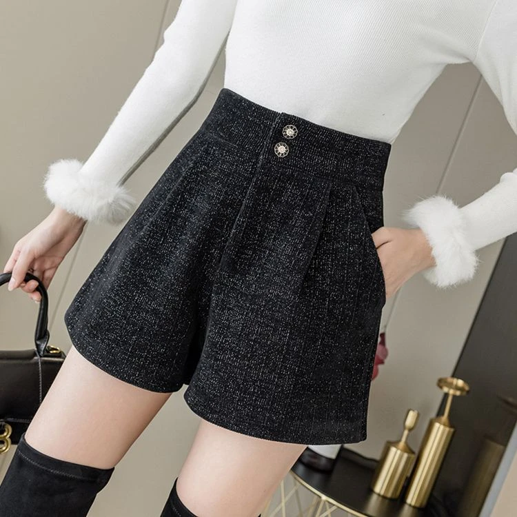 亮丝雪呢尔黑色短裤女外穿2023年新款高腰亮丝靴裤百搭显瘦阔腿裤