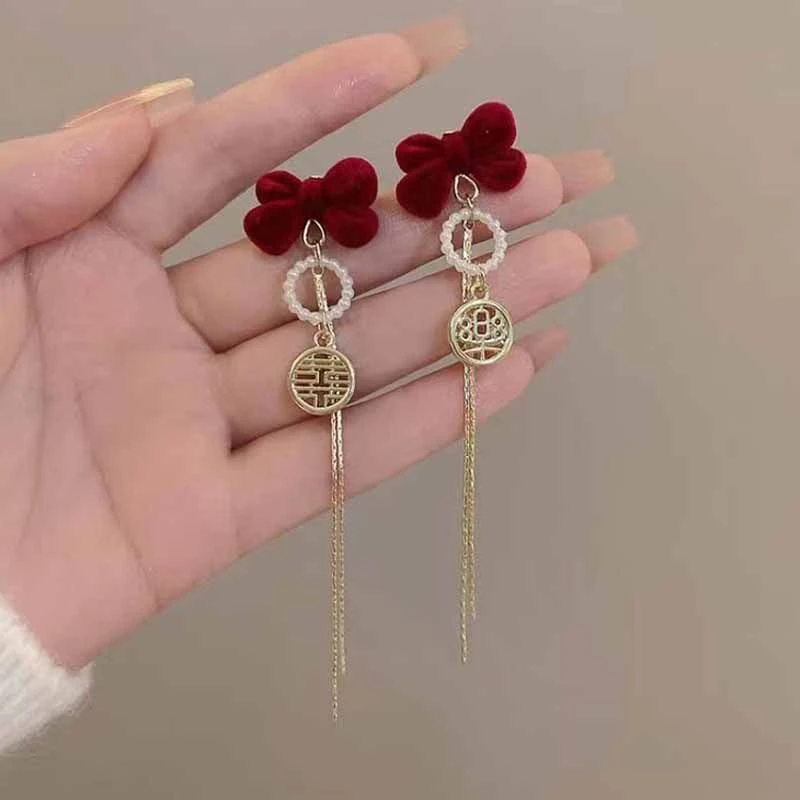 合金布艺耳饰 红色玫瑰花蝴蝶结长款流苏中式耳环喜乐高级耳饰