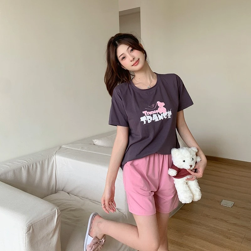 春夏冰瓷棉休闲简约带胸垫一体睡衣时尚舒适短袖可外穿家居服套装