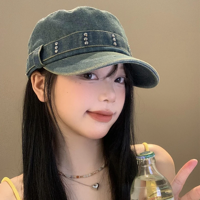 复古牛仔平顶鸭舌帽女水洗百搭显脸小贝雷帽小众铆钉大头围帽子潮