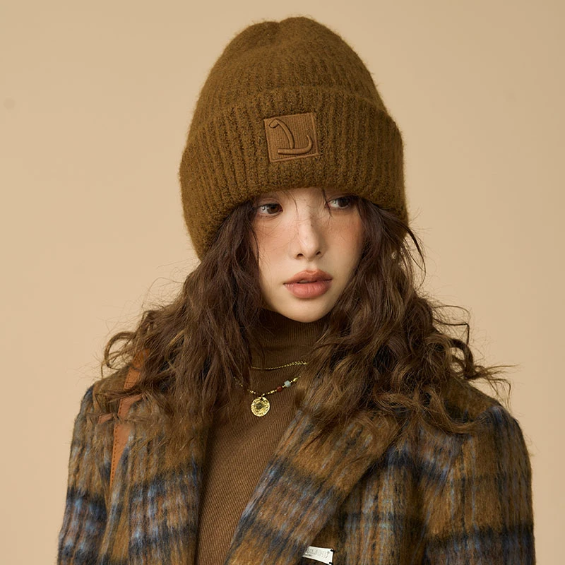 美拉德穿搭棕色针织毛线帽子女美式复古大头围宽松护耳冷帽秋冬季