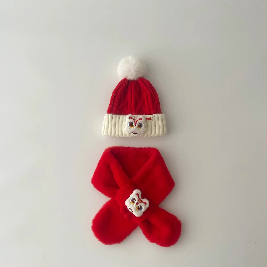 男童女童宝宝新年套帽红色帽子+围巾冬季保暖加厚毛绒脖套婴儿帽