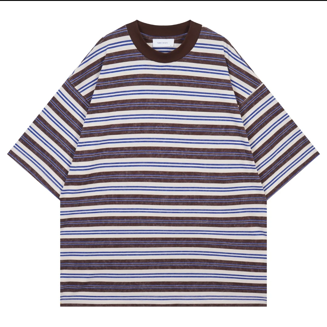 280g  潮流脱色工艺条纹极简 宽松圆领短袖T恤 3134