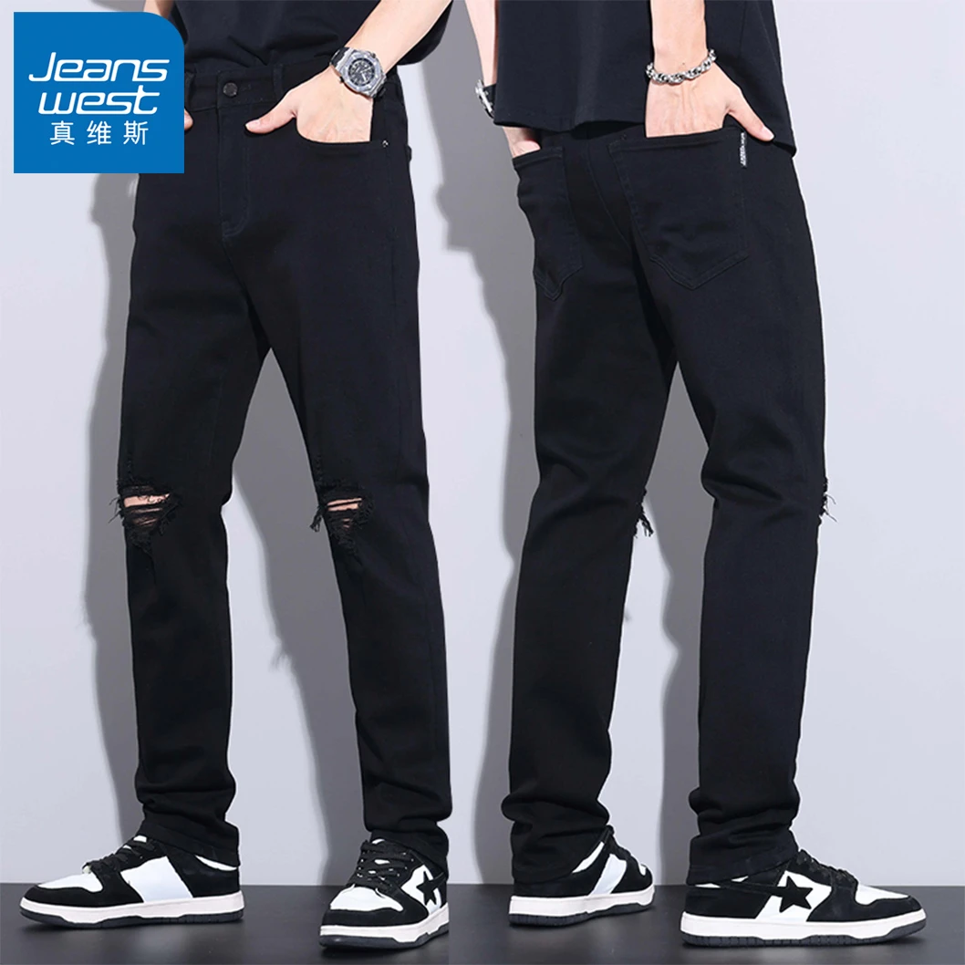 Jeanswest/真维斯潮牌夏季牛仔裤男修身直筒薄款破洞休闲百搭长裤