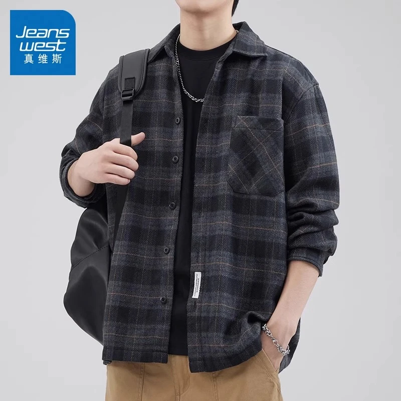 Jeanswest/真维斯日系复古加厚格子外套宽松休闲男士长袖衬衫美式