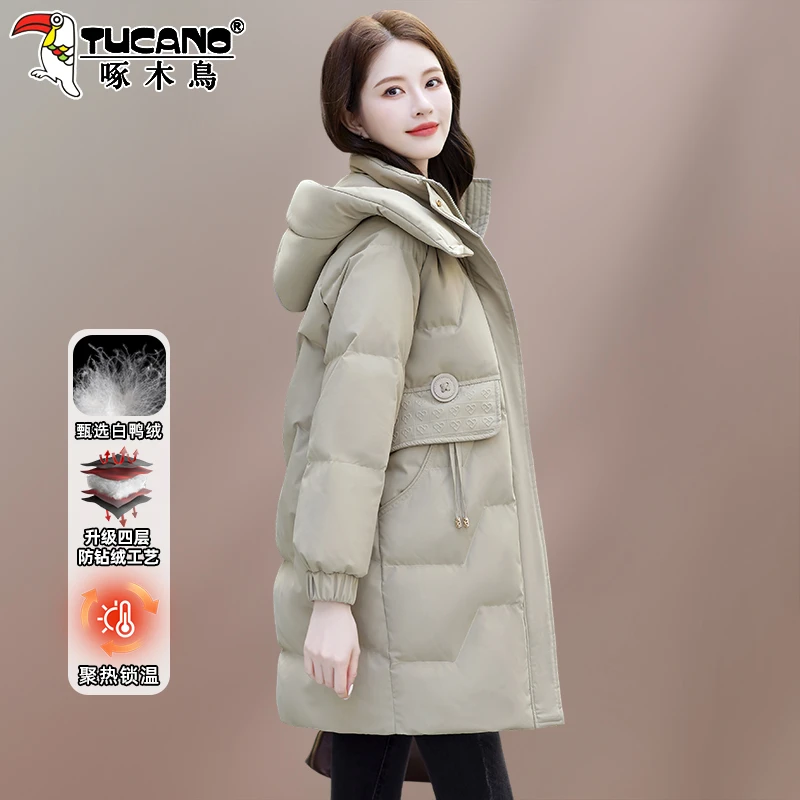 【官方】啄木鸟白鸭绒羽绒服新款女士冬季中长款韩版时尚冬装外套