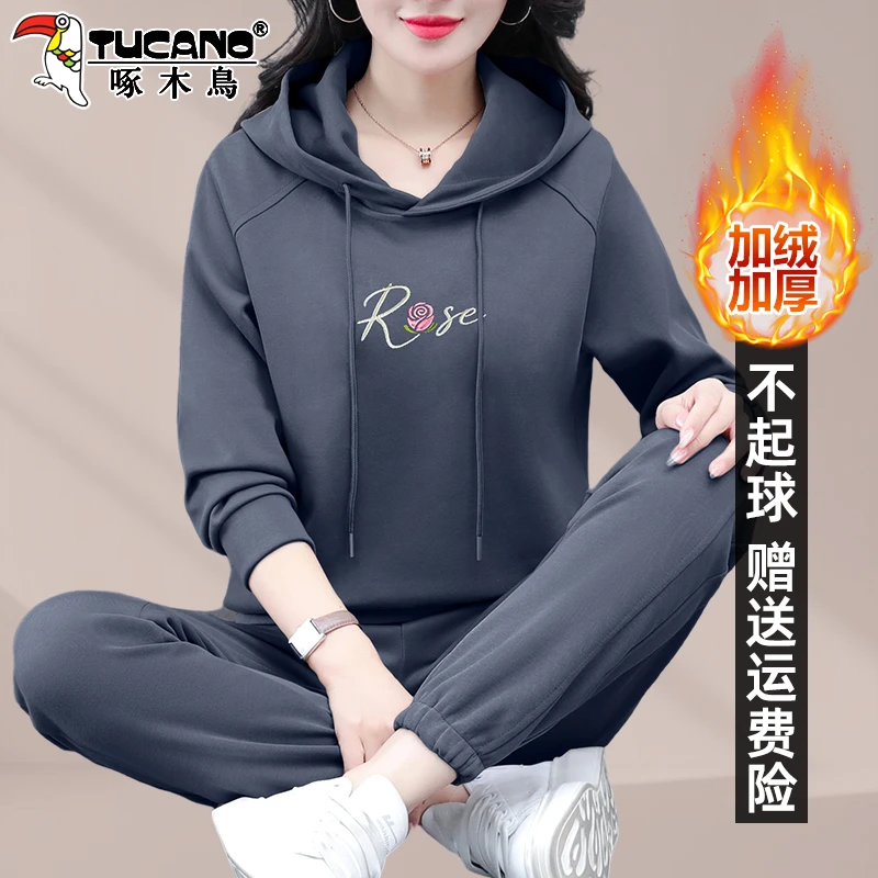 【官方】啄木鸟加绒加厚运动套装女秋冬新款中年妈妈连帽卫衣两件套