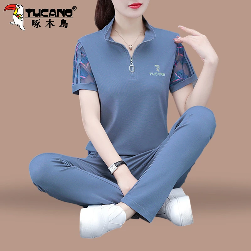 【官方】啄木鸟休闲薄款运动装夏季新款时尚宽松跑步短袖两件套