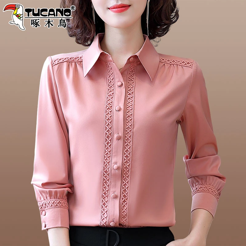 【官方】啄木鸟女士衬衫春秋雪纺衫长袖衬衣妈妈时尚洋气小衫上衣