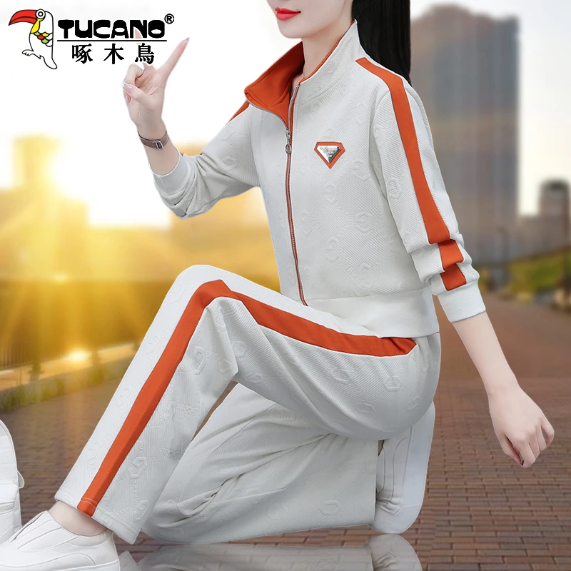 【官方】啄木鸟休闲开衫运动服套装春秋女士新款洋气减龄外套两件套