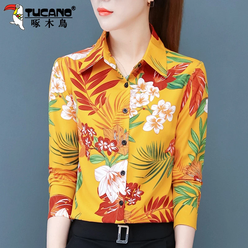 【官方】啄木鸟印花衬衫女长袖春秋新款中年气质雪纺衬衣打底上衣