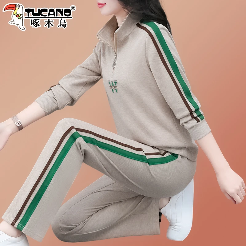 【官方】啄木鸟大码半拉链运动套装女春秋时尚洋气休闲卫衣两件套