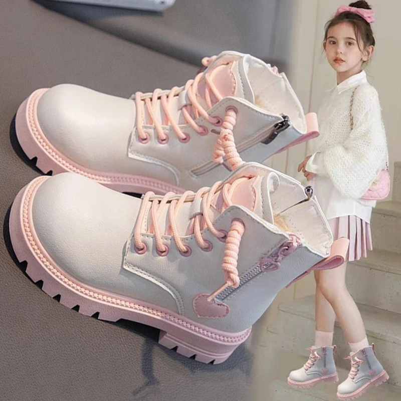 ABC女童英伦风马丁靴2024新款秋冬季加绒短靴中大童公主保暖靴子