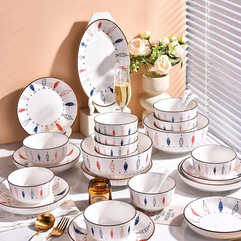 日式碗碟套装家用2024新款陶瓷饭碗汤碗盘子乔迁釉下彩餐具组合