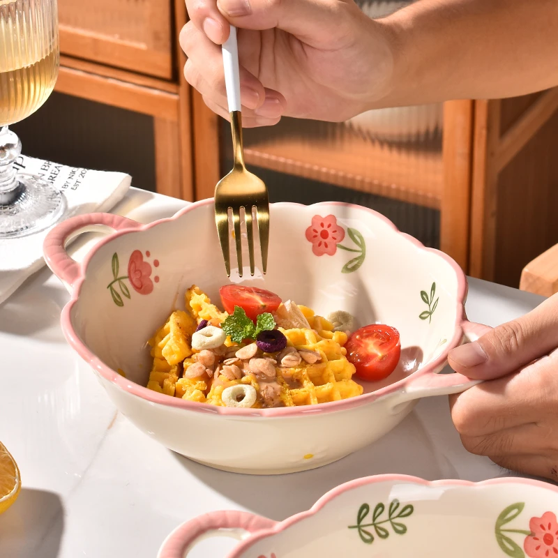 田园风2025新款家用陶瓷碗高颜值的个人专用釉下彩可爱双耳汤面碗