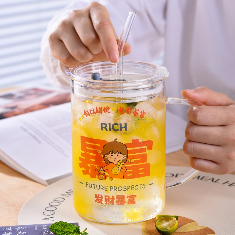 大容量高硼硅玻璃杯办公室耐高温水杯女2025新款吸管杯子带盖把手