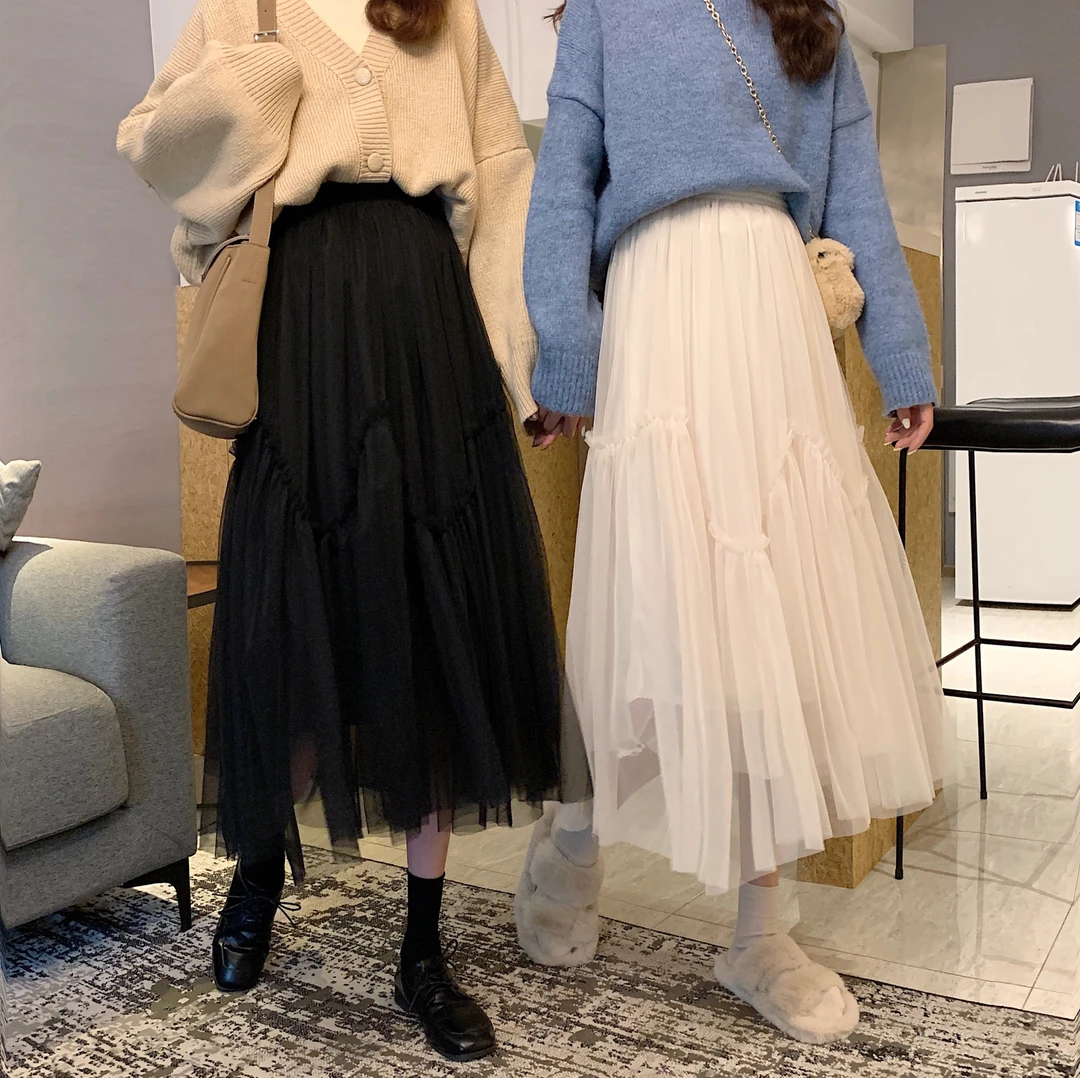 超仙女网纱半身裙高腰显瘦中长款百褶裙春秋时尚百搭春夏韩版秋冬