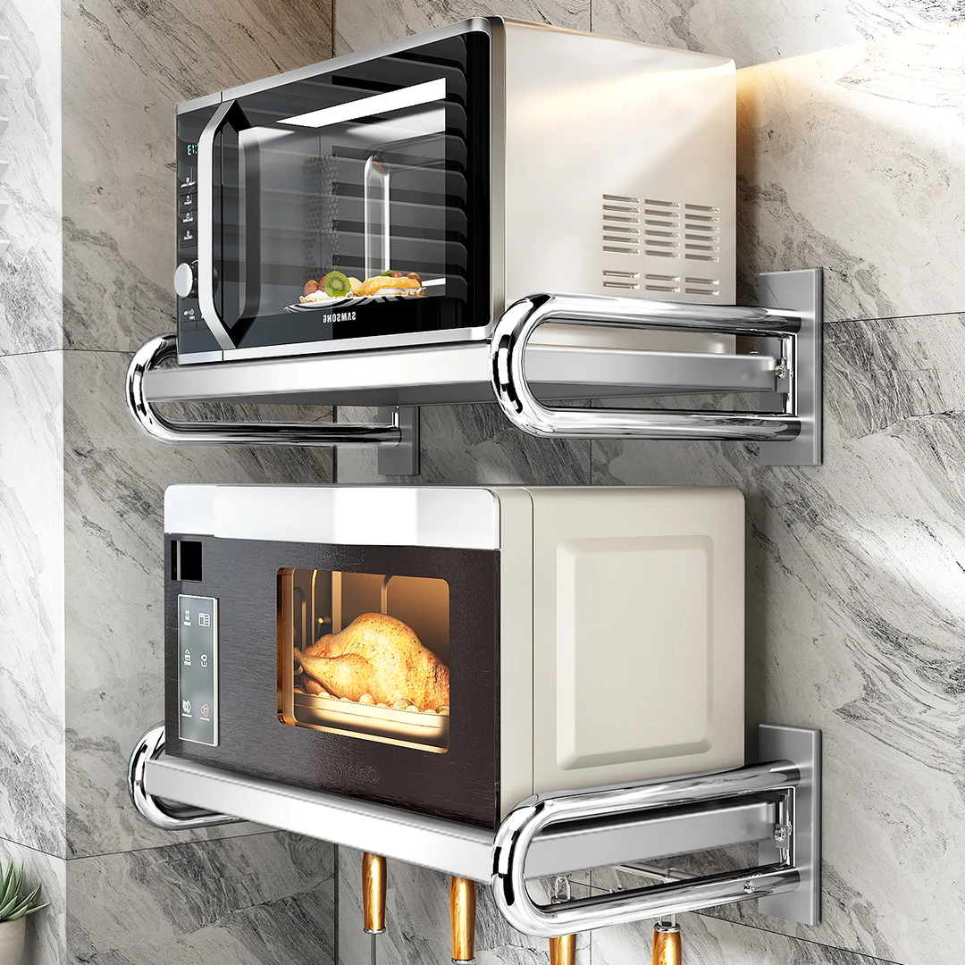 304不锈钢厨房微波炉架子置物架壁挂式免打孔墙上挂烤箱收纳支架