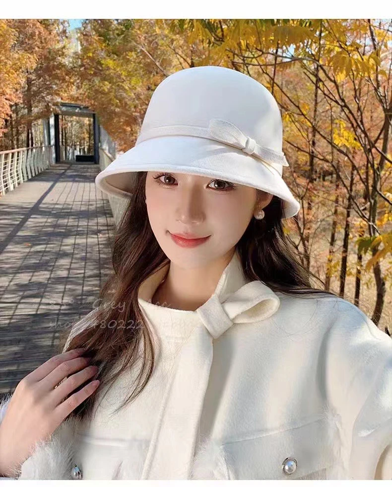 秋冬天高端新款澳洲羊毛礼帽赫本风盆帽渔夫帽法式复古白色帽子女