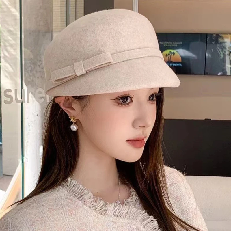 新版帽子女秋冬日系 CL4纯羊毛蝴蝶结马术帽鸭舌帽优雅百搭小礼帽
