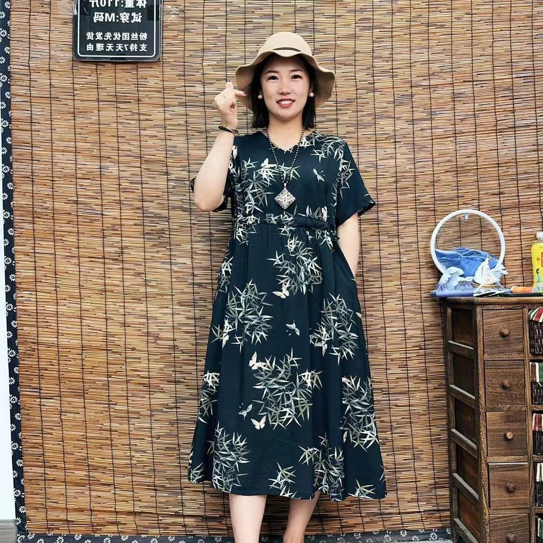 8626夏季新款薄款竹报平安冰凉柔软短袖抽绳大摆裙连衣裙大码显瘦