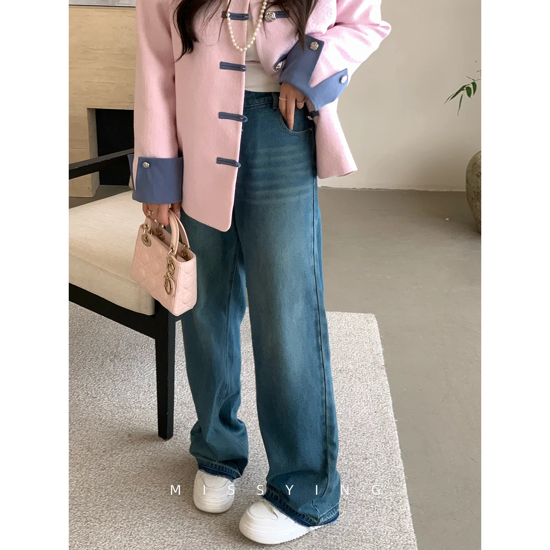 应小姐【劳伦斯】微胖大码韩系休闲风显瘦设计感高腰做旧百搭牛仔裤