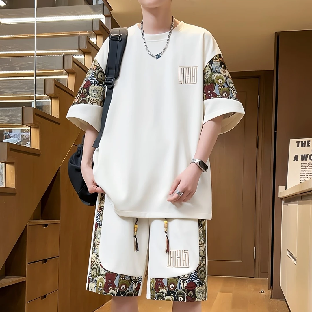 华夫格短袖t恤男士夏季薄款休闲运动短裤套装男装一套搭配帅气潮