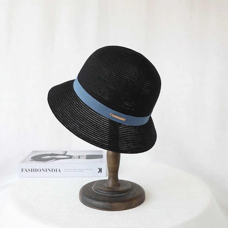 女春夏经典黑蓝搭配渔夫帽户外夏天透气遮阳工厂盆帽可调节可折叠