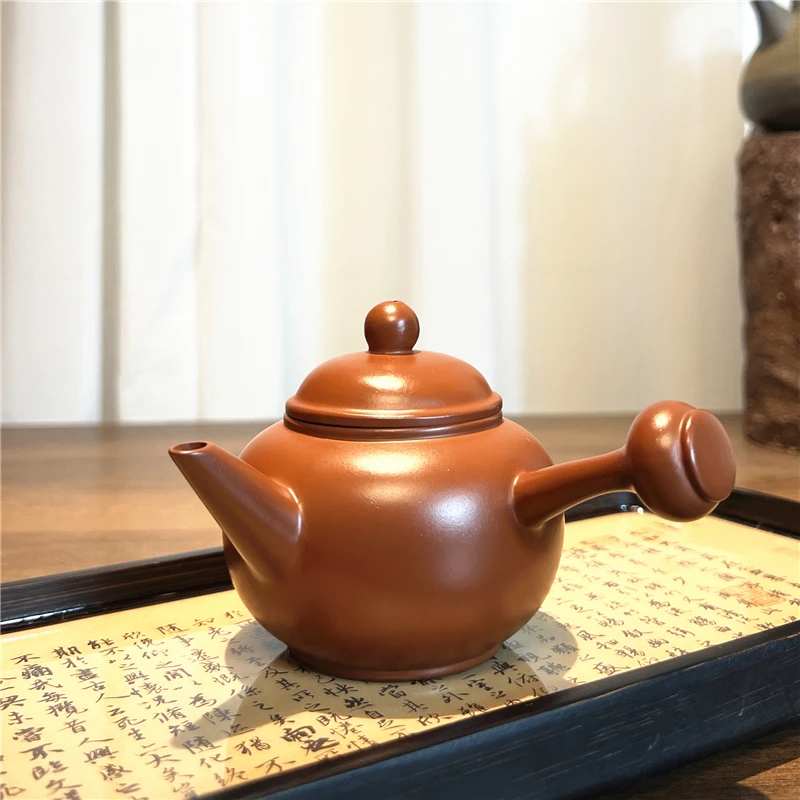 陶一茶器【鼓型侧把水平壶】潮州手拉壶朱泥芙蓉侧把紫砂壶