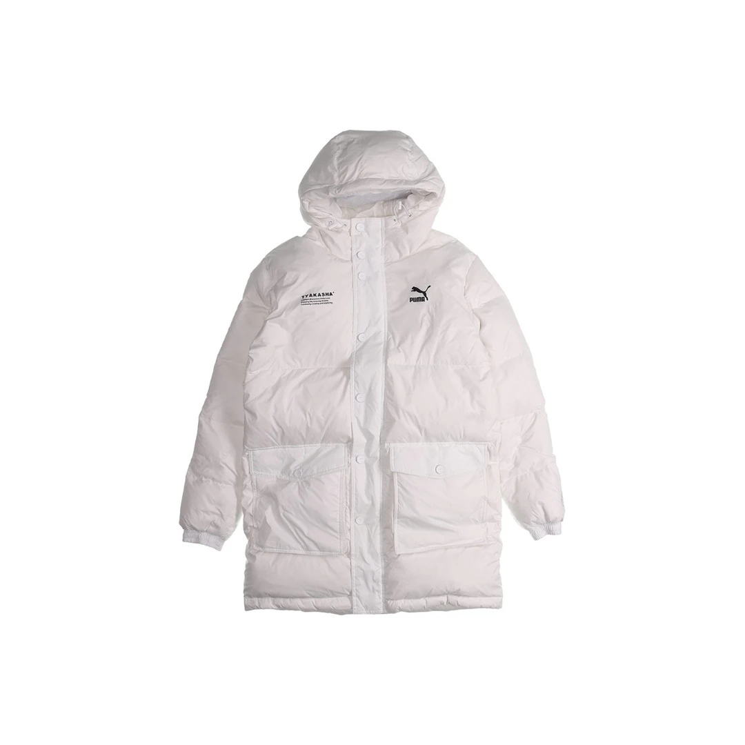 PumaxTyakasha 联名款 中长款连帽防风羽绒服冬季 情侣款白色