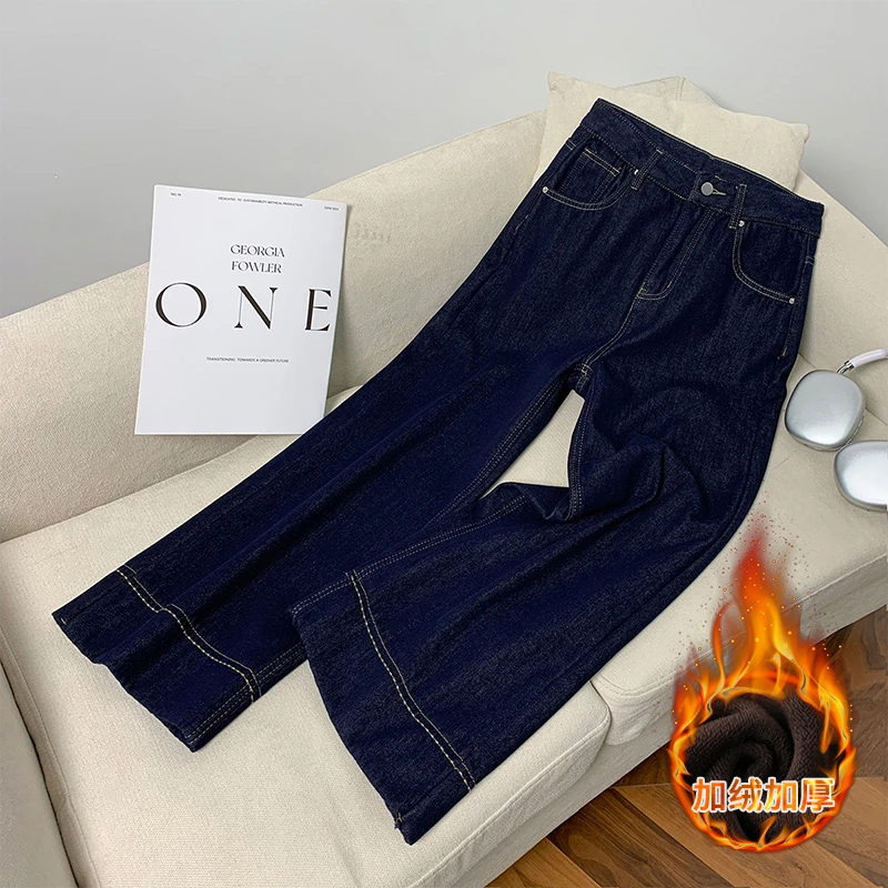丹宁蓝加绒阔腿牛仔裤女2024秋冬加厚新款复古九分高腰显瘦阔腿裤