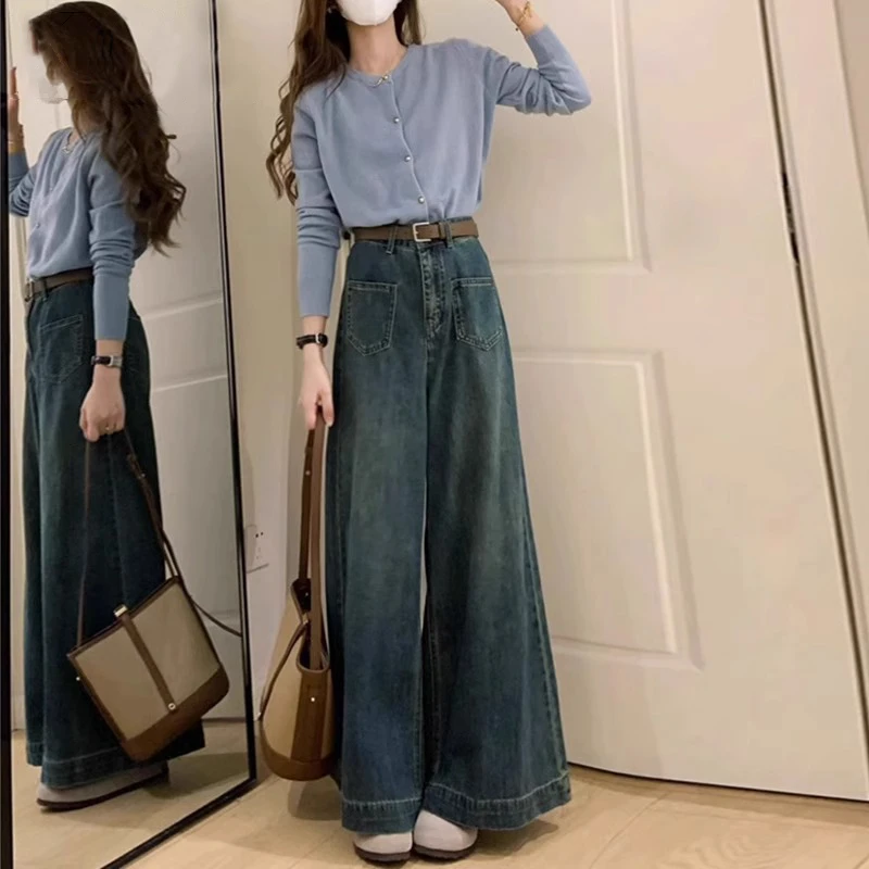 小众复古阔腿牛仔裤女2025秋季新款小个子宽松高腰显瘦垂感拖地裤