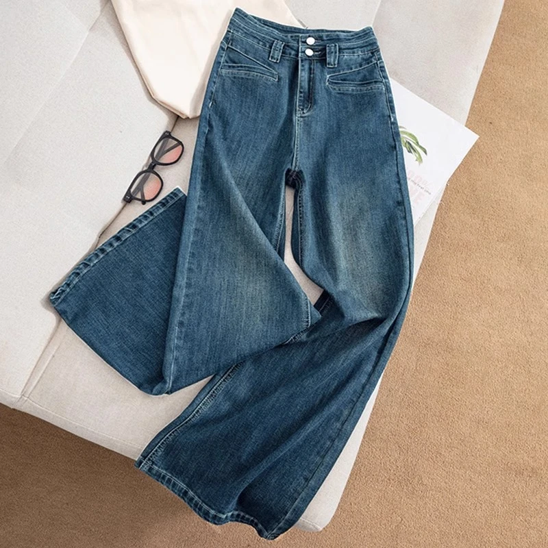 复古高腰阔腿牛仔裤女2025春季新款水洗弹力宽松不贴腿显瘦拖地裤