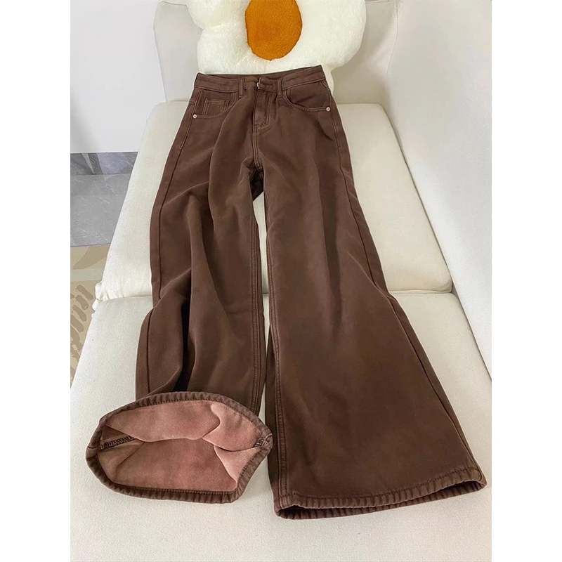 加绒加厚宽松直筒牛仔裤女秋冬季新款美拉德棕咖色高腰显瘦阔腿裤