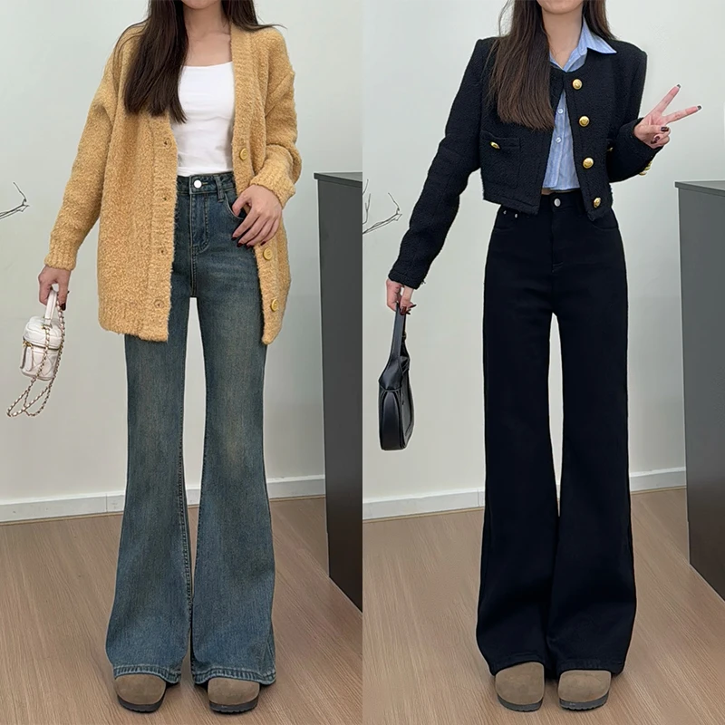 加绒加厚微喇叭牛仔裤女2024冬季新款小个子不贴腿高腰显瘦马蹄裤