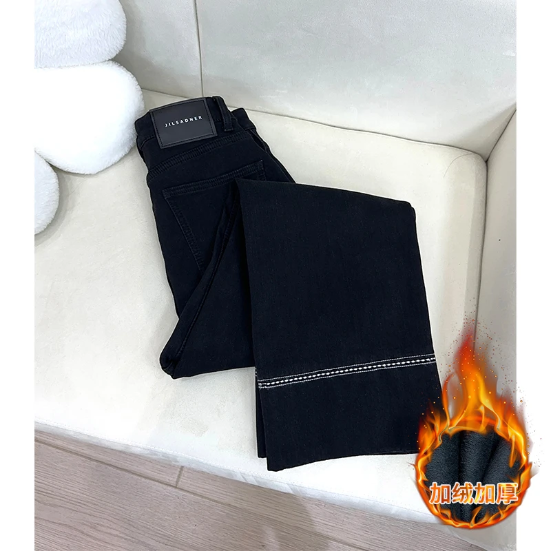 黑色弹力加绒直筒牛仔裤女冬季新款加绒小个子高腰显高显瘦九分裤