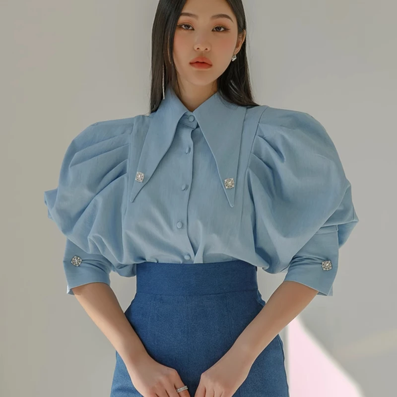 2025秋冬韩剧黑暗荣耀朴妍珍同款OL复古女士衬衫尖领泡泡袖衬衣