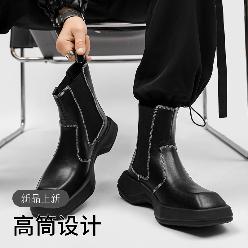 ins英伦风真皮增高切尔西靴男欧美小众马丁靴黑色高帮百搭机车靴