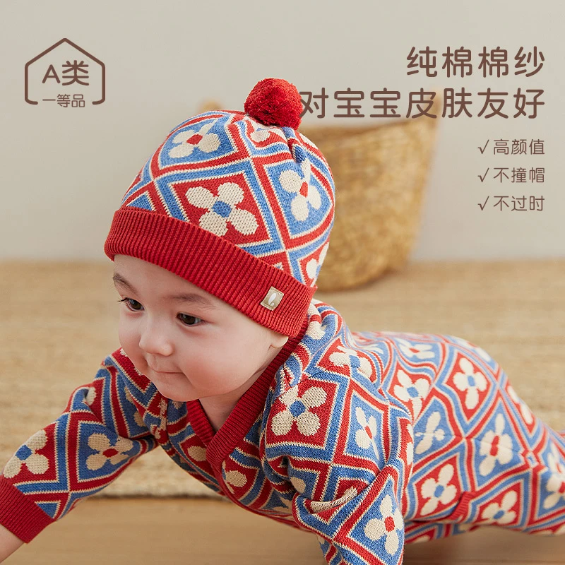 鹿小漫婴儿帽子秋款男女宝宝纯棉包头秋冬保暖红色护耳毛线针织帽