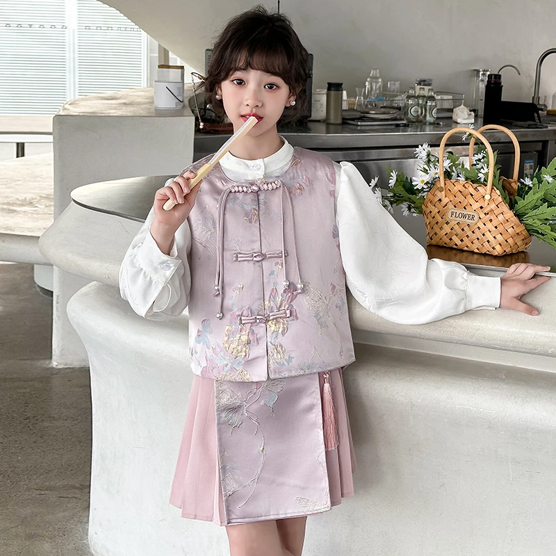 女童套装春秋款2024新款儿童中式绣花衬衫马甲国风马面复古风女孩