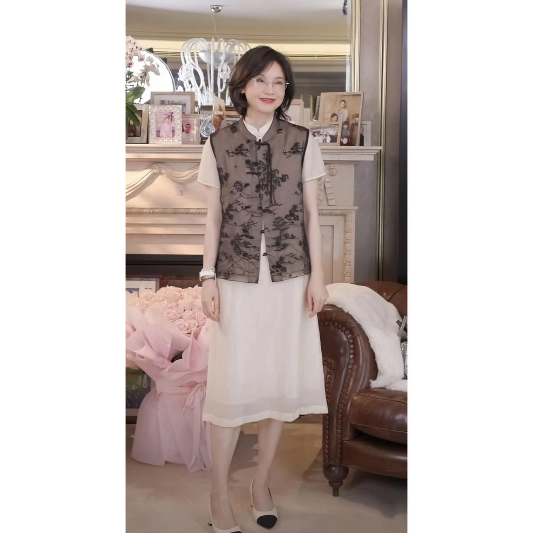 我是摩羯 富春山居图马甲 100桑蚕丝十万针钉珠绣花夏新中式上衣