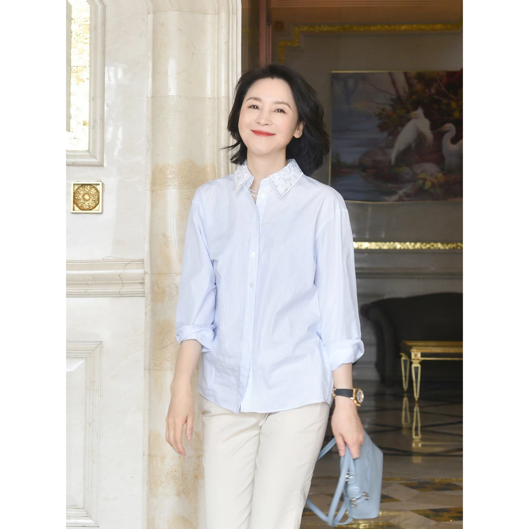 我是摩羯 万针刺绣系列 精美重工蕾织条纹秋长袖棉衬衫衬衣