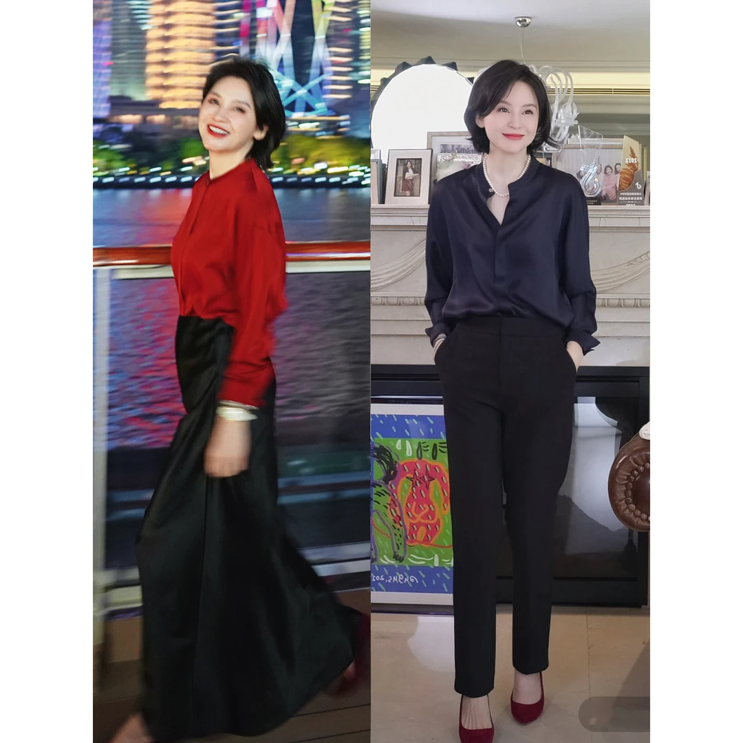 我是摩羯 羽西同行19MM6A级桑蚕丝小立领开叉长袖春夏衬衫上衣