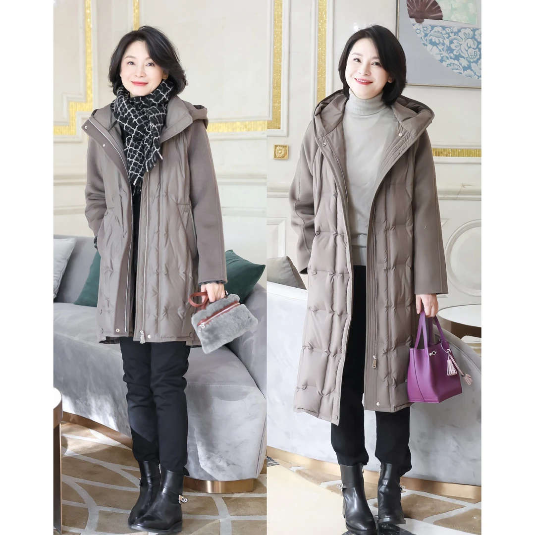 我是摩羯 限量名利场 90白鹅绒羊毛羊绒拼接H型中长款连帽羽绒服