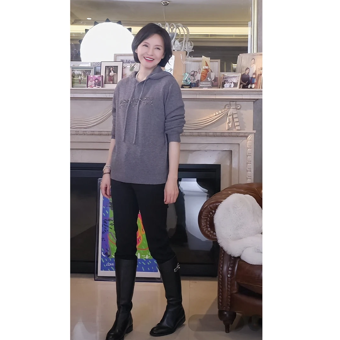 我是摩羯 格雷系钉珠帽衫90支100美丽诺绵羊毛休闲长袖针织衫卫衣