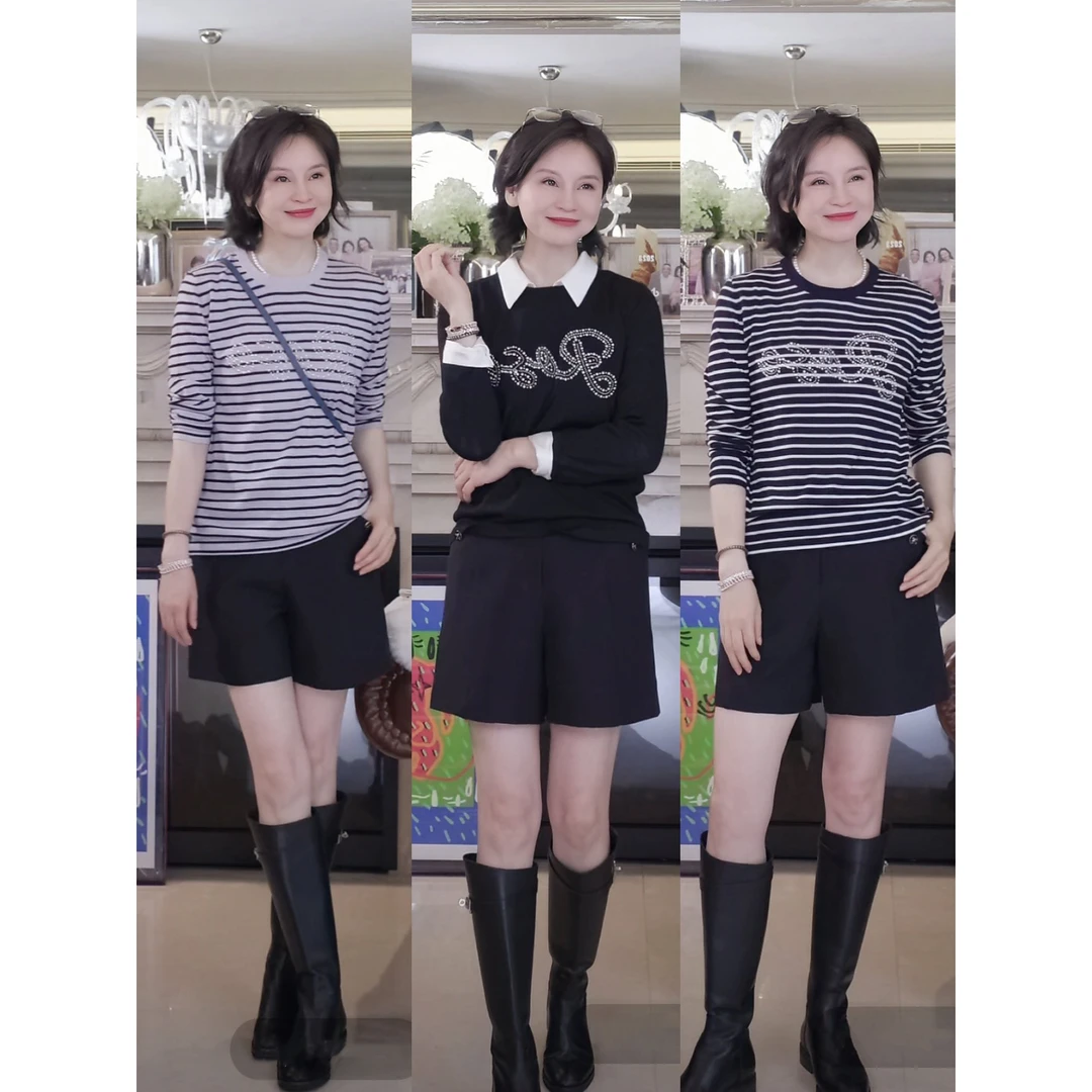 我是摩羯 Rose 100澳洲美丽诺羊毛16针精美烫钻圆领长袖经典条纹T