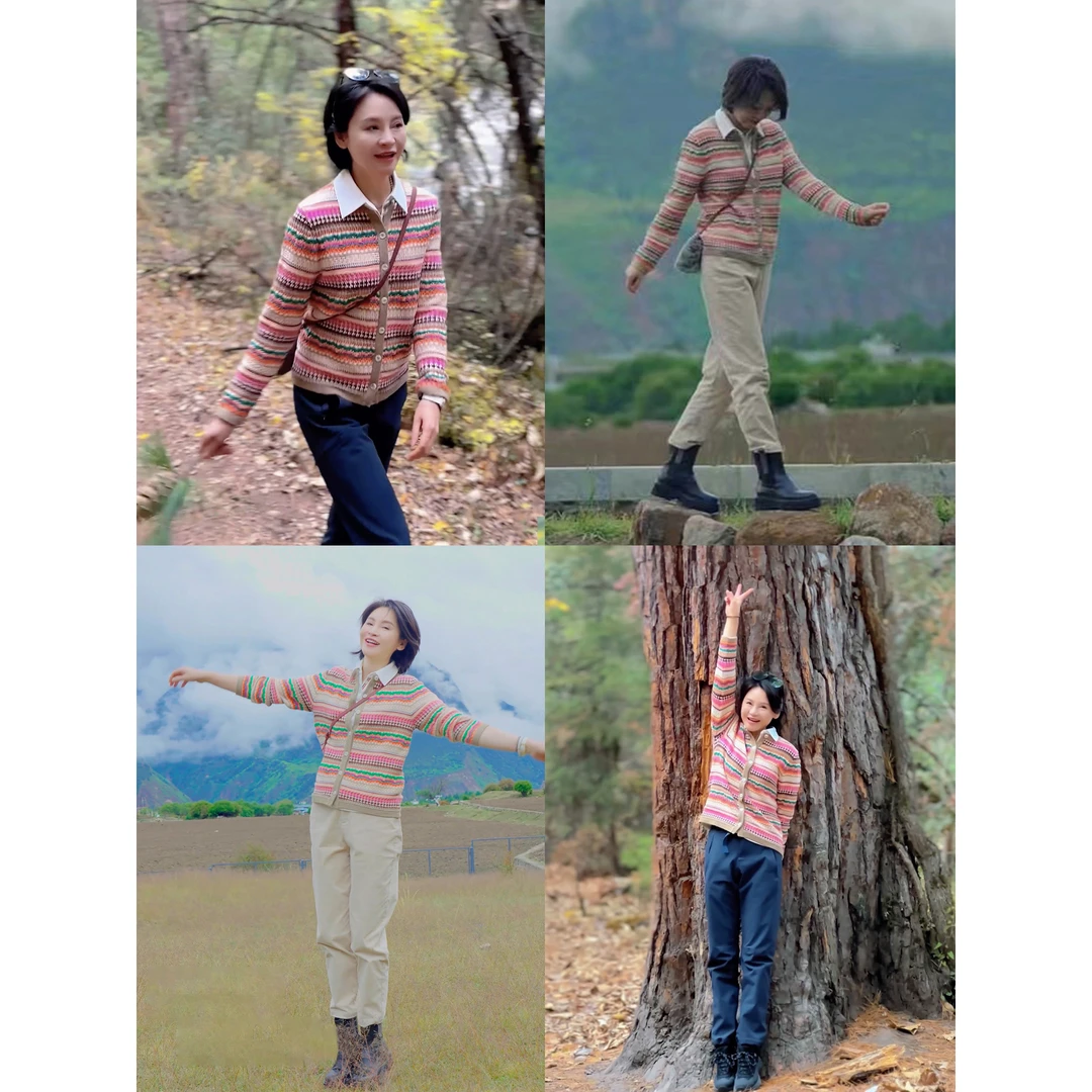 我是摩羯 布拉格城堡 强捻棉包缠纱挑孔镂空条纹秋冬圆领针织开衫